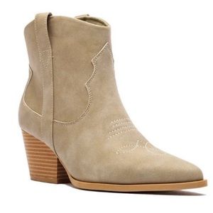 Qupid. Grey nubuck block heel western bootie.
